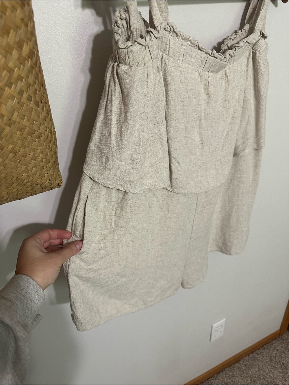 Vici Light Beige Linen Blend Romper with Ruffle Trim - Picture 6 of 6